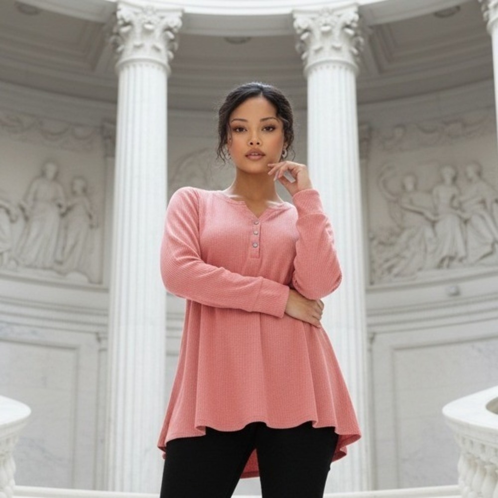 Belle Kim Gravel 2X Waffle Knit Henley Tunic Coral Long Sleeve Top NEW